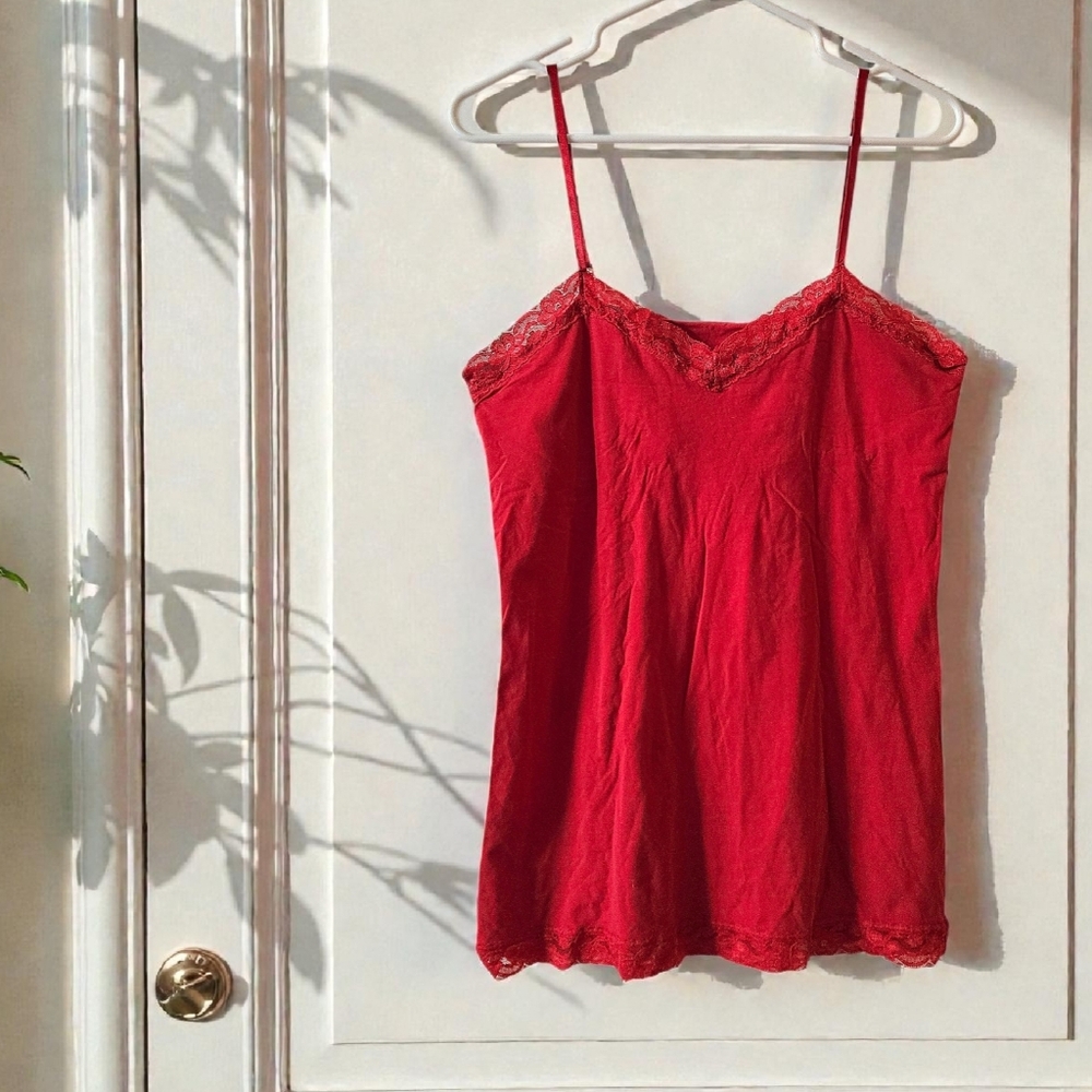 Vtg Y2K Red Cami Lace Trim Romantic Layering Inner Bralette Adjustable Straps /M